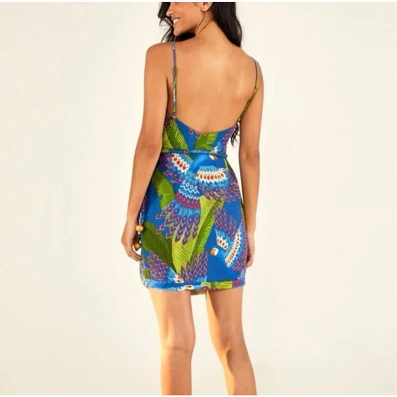 FARM RIO Mini Wrap Dress Small Blue Macaw Print 100% Linen NWT Colorful Tropical - Picture 4 of 8